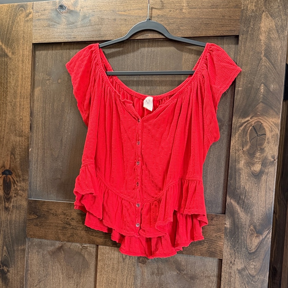 We The Free Red Ruffled Button-Front Blouse